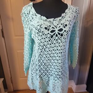 Fever Light Blue Crochet Sweater Cardigan